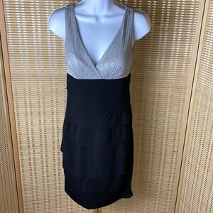 🔷En Focus Studio Silver Metallic Shimmer Black Bodycon Cocktail Dress Size 4